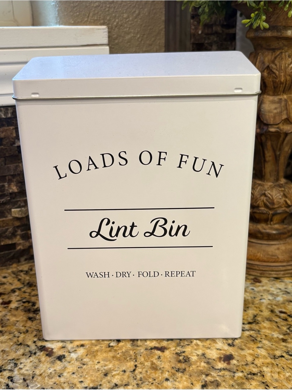 Loads of Fun Lint Bin - White Laundry Tin